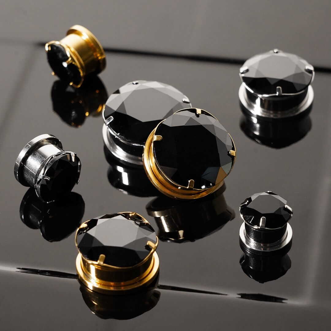 Gold Black Diamond Plug / Gauge Metal Ear Plugs in 6mm 2g 24mm 15/16