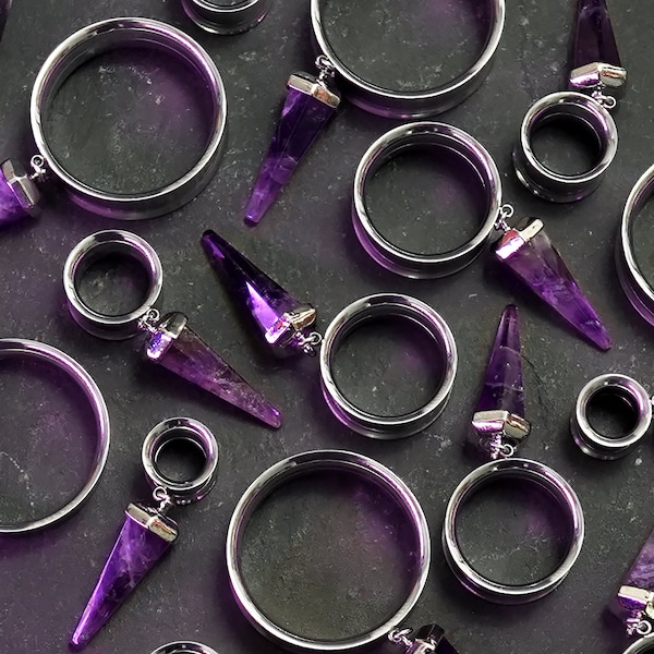 Amethyst & Silver Dangle Plug / Tunnel / Gauge - Metal Ear Plugs in 10mm (00g) - 30mm (1.18") Gauge Sizes