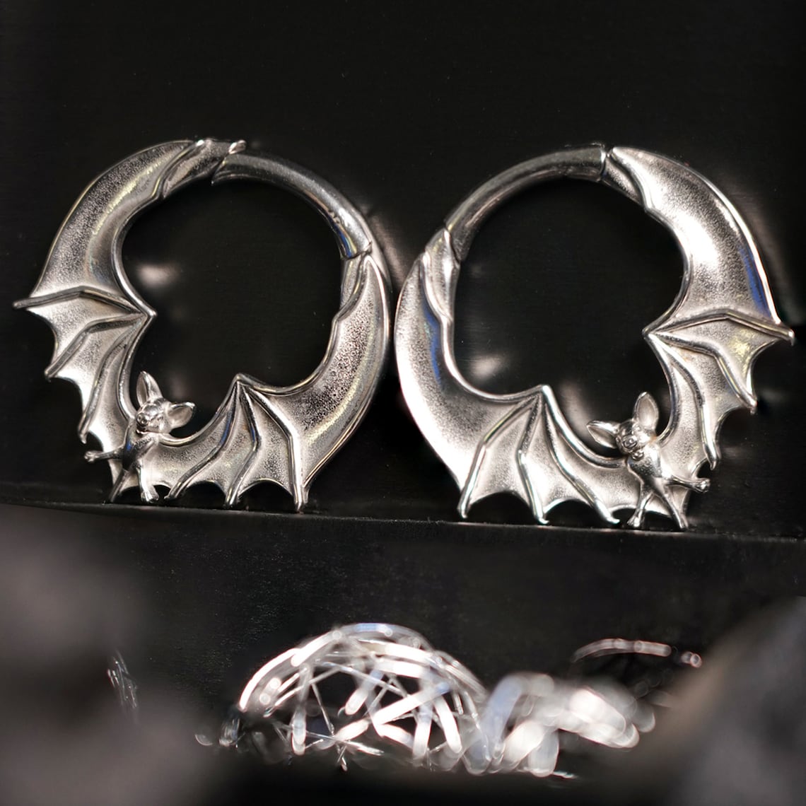 Silver Bat Ear Weights pair Hanging Bat Earrings for Etsy