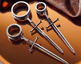 Steel Sword Plug / Gauge - Metal Screwback Dangle Plugs in 6mm (2g) - 30mm (1.18")