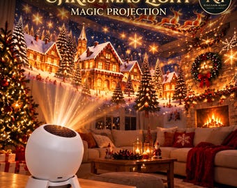 Puede incluir: Un dispositivo esférico blanco Christmas Light Magic Projection sobre una mesa proyecta una escena invernal festiva con casas nevadas, pinos y un trineo volador, incluyendo el texto Christmas Light Magic Projection.