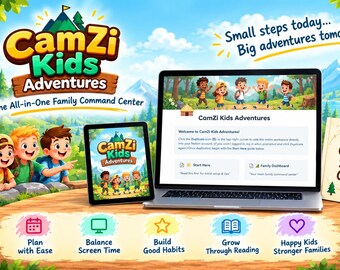 May include: A digital product display featuring the CamZi Kids Adventures family command centre on a laptop and tablet. The screen shows a welcome page, while a Quick Start Guide, compass, and lantern sit nearby on a wooden surface.
