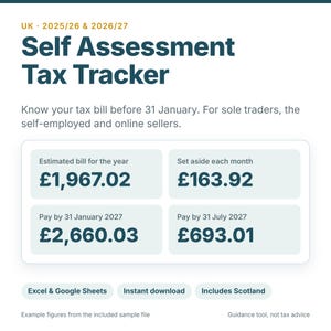 May include: A digital Self Assessment Tax Tracker for 2025/26 and 2026/27. The document displays fields for estimated annual tax bills, monthly savings, and payment deadlines for January and July 2027, compatible with Excel and Google Sheets.