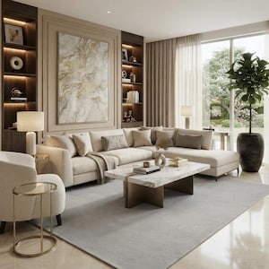 May include: A living room featuring a large beige sectional sofa, a white marble coffee table with a dark metal base, a light gray area rug, a cream armchair, and built-in dark wood shelving units with integrated lighting and decor.