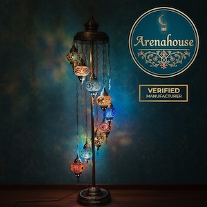 May include: A tall floor lamp with a dark metal stand and nine hanging mosaic glass globes in various colors including red, blue, green, and yellow. The lamp features the Arenahouse logo and the text Verified Manufacturer in a circular emblem.