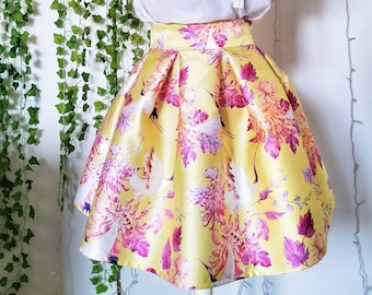 PLEATED YELLOW SKIRT, bridesmaid pleated skirt with pockets, yellow prom skirt, floral skirt for summer