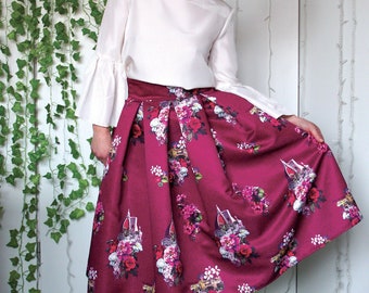 BURGUNDY PLEATED SKIRT, "Florence" pattern