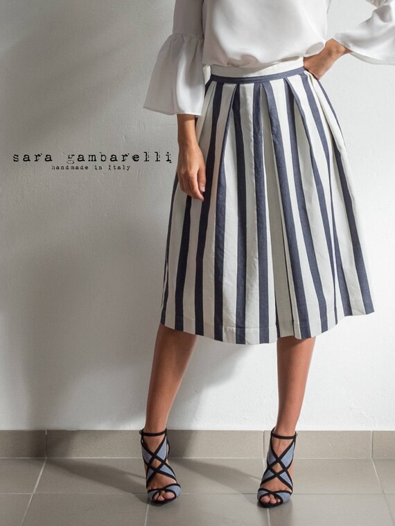 blue and white vertical striped skirt outfit