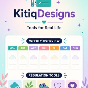 Może przedstawiać: Tygodniowy planer KitiqDesigns zatytułowany Tools for Real Life. Zawiera sekcję przeglądu tygodnia z siedmioma kolumnami na dni tygodnia oraz sekcję narzędzi regulacyjnych z ikonami Breathe, Grounding, Move, Calm i Positive Self Talk.