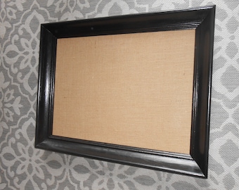 Black Framed Bulletin Board-Burlap Bulletin Board-Framed Pin Board-Vintage Frame Corkboard-Pin Board-Message Board-Framed Cork Board