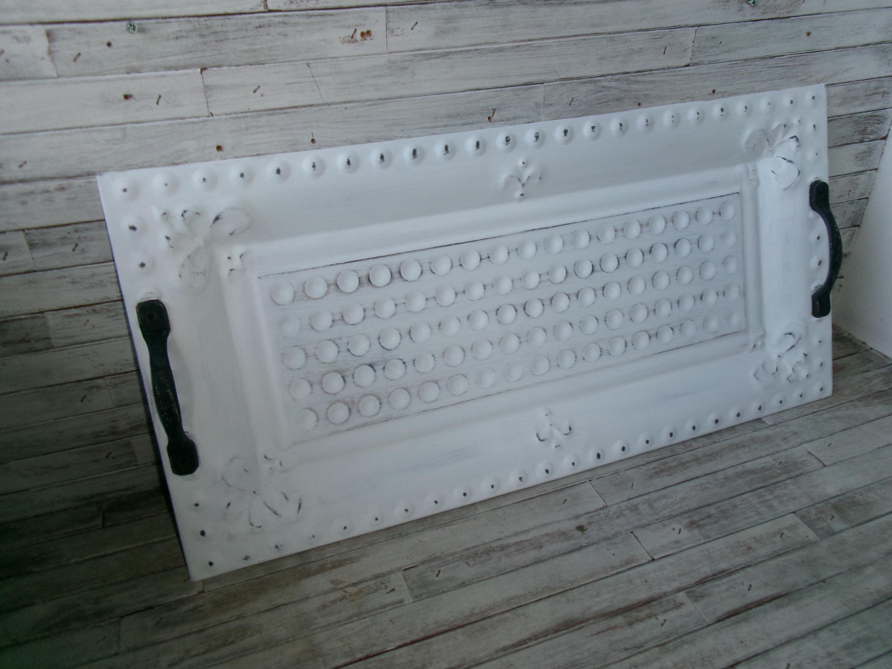 Rectangle Metal Tray with Handles-Painted White Metal Tray-Coffee Table Tray-Painted and Distressed Metal Tray-Decorative Farmhouse Tray
