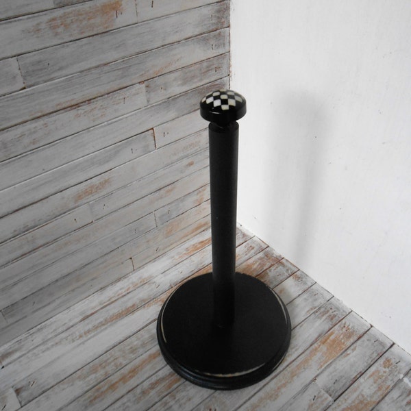 Wood Paper Towel Holder-Black Checkered Paper Towel Stand - Kitchen Towel Holder-Black Distressed Wood Paper Towel Holder-