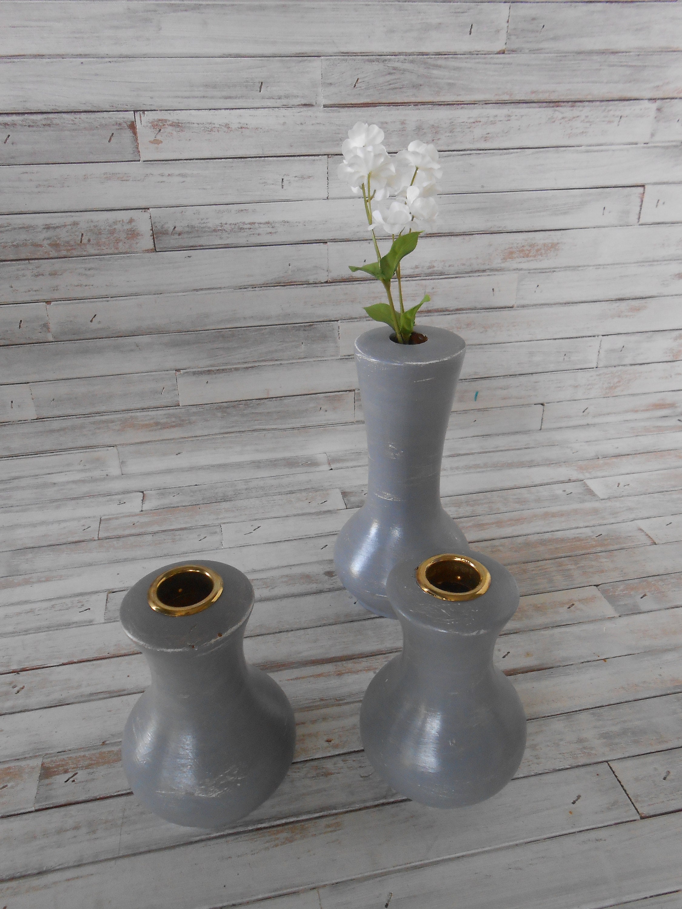 Set of Two Graduated Candleholders Vintage Wooden Dry Vases or Candle Holders Vintage Home Decor Wood Vase Set