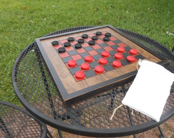 Wood Checkerboard with Checkers-Black and Red Wood Checkerboard-Checkerboard Game-Checkerboard Wall Art-Checkered Game Board