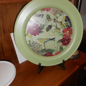 Painted Decoupage Metal Tray-Floral Decoupage Tray-Green Floral Tray-Round Decoupage Metal Tray-Decorative Metal Tray-Home Decor Tray