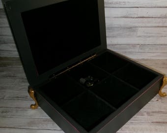 Refinished Vintage Musical Jewelry Box with Onyx Finish and Gold Accents