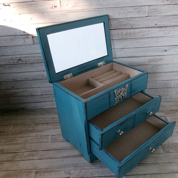 Refinished Wood Jewelry Box-Painted Jewelry Box-Jewelry Chest-Blue Jewelry Box-Girls Jewelry Storage Box-Old Jewelry box-Wood Jewelry Box