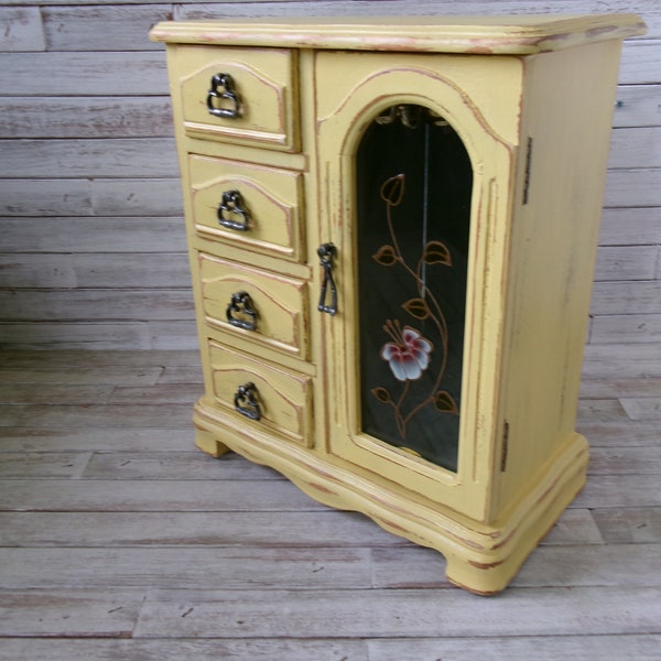 Yellow Jewelry Box-Vintage Jewelry Box-Wood Jewelry Box-Refinished Jewelry Box-Painted Jewelry Box-Old Jewelry Box-Jewelry Storage Chest