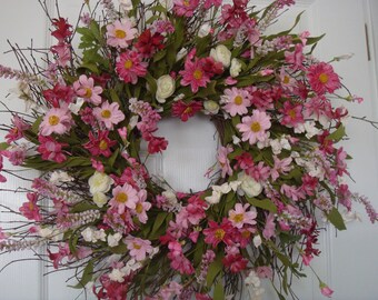 Summer wreath, spring wreath, front door wreath, housewarming gift, outdoor wreath, floral wreath, summer decor, pink wreath, cottage wreath