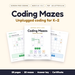 Laberintos de programación para niños, material imprimible de programación sin pantallas, hojas de trabajo para niños de K-2 sin pantallas, rompecabezas de lógica (PDF)