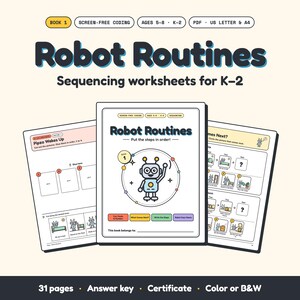 Book 1: Sequencing Worksheets for Kids, Unplugged Coding Printable, K-2 Cut and Glue (PDF)