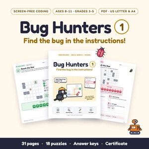 Bug Hunter 1: Programmierrätsel ohne Computer für Kinder der 3.-5. Klasse – Druckbares Debugging-Arbeitsbuch (PDF)