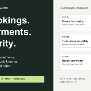 Peut inclure: Un outil de gestion pour salons et barbiers avec le texte Bookings. Payments. Clarity. Il présente trois étapes : Record the booking, Track money accurately et Review your month. Le design inclut un bouton editable, offline, printable.