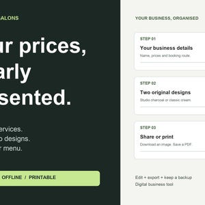 Könnte beinhalten: Ein digitales Geschäftstool für Barbiere und Salons mit einem dunkelgrünen Bereich mit dem Text Your prices, clearly presented und einem hellen Bereich mit drei Schritten: Your business details, Two original designs und Share or print.
