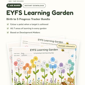 Puede incluir: Un paquete de seguimiento de progreso digital titulado EYFS Learning Garden con gráficos en forma de flor para seguir los hitos del desarrollo. Las hojas incluyen espacios para el nombre y la fecha, con pétalos para colorear.
