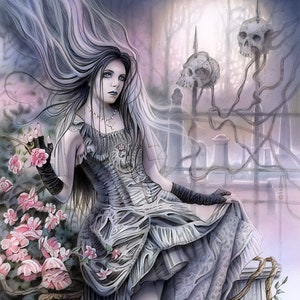 May include: A woman with long, flowing white hair wears a gray and white dress with a lace bodice. She stands in a graveyard with a skull on a stake behind her. Pink flowers are in the foreground.