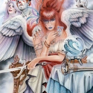 May include: A woman with red hair and a black mask holds a tarot card in front of a crystal ball. She is wearing a white dress with a red sash and a variety of jewelry. A clown with a white wig and a red nose stands behind her. A skull with a green hat is in the background.