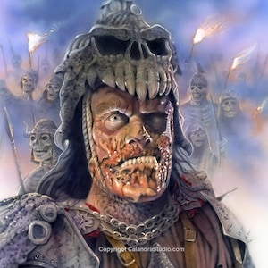 Puede incluir: Un guerrero esquelético con un casco de calavera y carne en descomposición, liderando un grupo de guerreros esqueléticos. El guerrero tiene una expresión feroz y sostiene un arma. El fondo es un cielo azul y blanco con llamas.