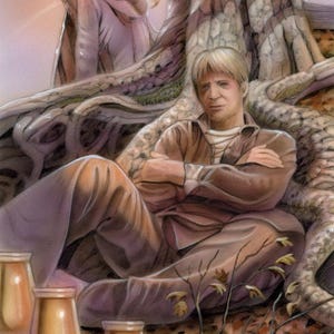 Puede incluir: Una ilustración muestra a un hombre sentado cerca de un árbol, con una mujer sosteniendo un tarro en el fondo. Tres tarros están en primer plano. La obra de arte tiene una paleta de colores cálidos, con marrones, naranjas y amarillos dominantes.