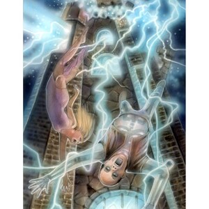 Puede incluir: Una pintura digital de una mujer cayendo de una torre en ruinas. La mujer lleva un vestido morado y tiene el pelo largo y rubio. La torre está rodeada de rayos azules y blancos. El texto "The Tower" y "Michael Calandra" está en la parte inferior de la imagen.