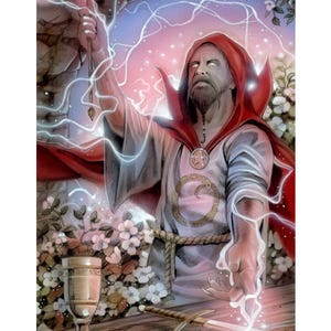 Puede incluir: Una pintura de un hombre con una túnica roja, una camisa blanca y barba, sosteniendo un bastón con un orbe brillante en la parte superior. Está rodeado de flores blancas y una luz brillante. El texto "The Magician" y "Michael Calandra" está en la parte inferior de la pintura.