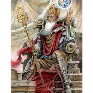 Puede incluir: Una pintura de un hombre con una corona y una túnica roja, sentado en un trono con un bastón en la mano. Está sosteniendo un globo terráqueo en su otra mano. El fondo es una cordillera. La pintura se titula "El Emperador" de Michael Calandra.