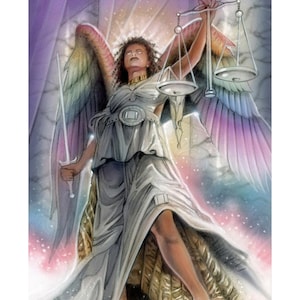 Puede incluir: Una pintura digital de una mujer con alas, sosteniendo una balanza y una espada. Lleva una túnica blanca y tiene un halo. El fondo es un degradado púrpura y rosa con estrellas. El texto "Justice" y "Michael Calandra" está en la parte inferior de la imagen.