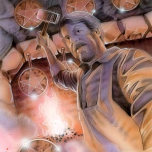 Puede incluir: Ilustración de un hombre trabajando en una forja, martillando un objeto en forma de estrella. La escena está iluminada con tonos cálidos, con chispas y llamas visibles. Varios objetos en forma de estrella están presentes.