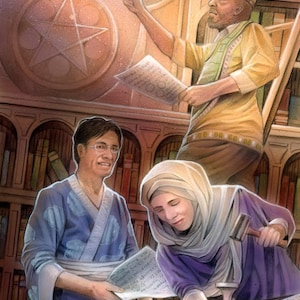 Puede incluir: Ilustración de tres personas en una biblioteca. Una persona señala diseños en forma de estrella en una pared. Otra trabaja en un objeto de madera con un martillo. Libros y papeles sobre una mesa.