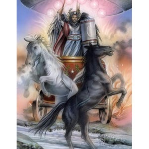 Puede incluir: Ilustración de "El Carro" de una baraja de tarot, con una figura en un carro tirado por un caballo blanco y otro negro. La figura sostiene un bastón bajo un dosel con estrellas. La obra está firmada "MC22" y por Michael Calandra.