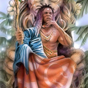 Puede incluir: Ilustración de una persona sentada en un trono, con una cabeza de león tallada en la espalda. La persona lleva una túnica azul y naranja y sostiene un bastón con flores. La obra de arte tiene un tema de fantasía.