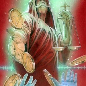 Puede incluir: Ilustración de una figura vestida con una túnica, con una larga barba blanca y bigote, sosteniendo una balanza y monedas con un diseño de estrella. El fondo es rojo y verde con un tema místico.