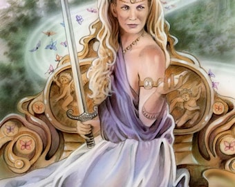Original The Queen of Swords Tarot Card Framed Art Painting