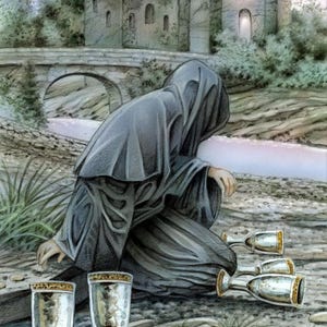 Puede incluir: Ilustración en acuarela de una figura con una capa oscura arrodillada junto a copas caídas. Un puente de piedra y ruinas de castillo en el fondo. Las copas tienen bordes y bases doradas.