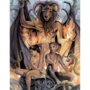 Puede incluir: Una pintura digital de una figura cornuda con forma de cabra con un pentagrama sobre su cabeza. La figura está rodeada de llamas y dos figuras, una con cuernos y otra sin, están encadenadas a una roca.
