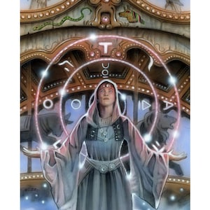 Puede incluir: Ilustración detallada de una persona con una túnica con capucha, con los brazos extendidos, rodeada por un diseño circular brillante. La obra de arte presenta una estructura tipo carrusel con figuras de animales y el texto "Wheel of Fortune" y el nombre del artista.