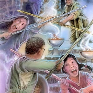 Puede incluir: Ilustración de una escena de fantasía con varias figuras empuñando varas de madera. La imagen presenta cuencos brillantes y una atmósfera mística. Los personajes muestran expresiones de intensidad y sorpresa.