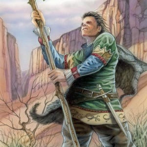 Puede incluir: Ilustración de una persona con vestimenta medieval sosteniendo un bastón de madera con hojas verdes. La persona mira hacia arriba. El fondo presenta un paisaje desértico con montañas y cielo azul.