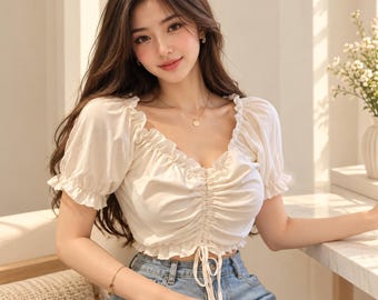 Crop-Top mit gerafften Puffärmeln, Rüschenbluse aus Chiffon, feminines Ausgeh-Top mit eckigem Ausschnitt, romantisches Y2K-Damentop