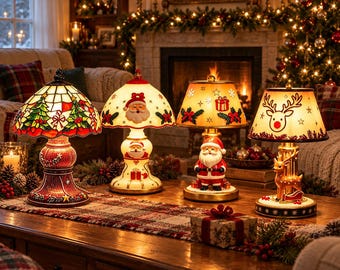 May include: Four decorative Christmas-themed table lamps arranged in a row. The first is a stained-glass style lamp with trees, the second features a Santa face, the third has a Santa figurine base, and the fourth depicts a reindeer.